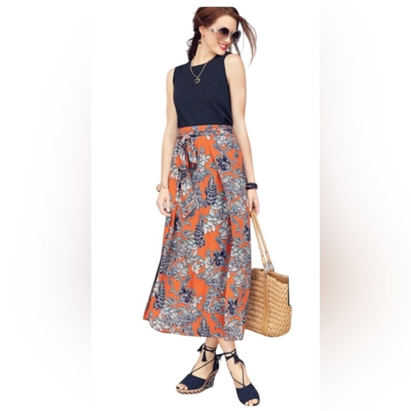 CaBi Sz M Floral Midi Skirt Pull On Floral Orange Navy Resortwear - Picture 1 of 8